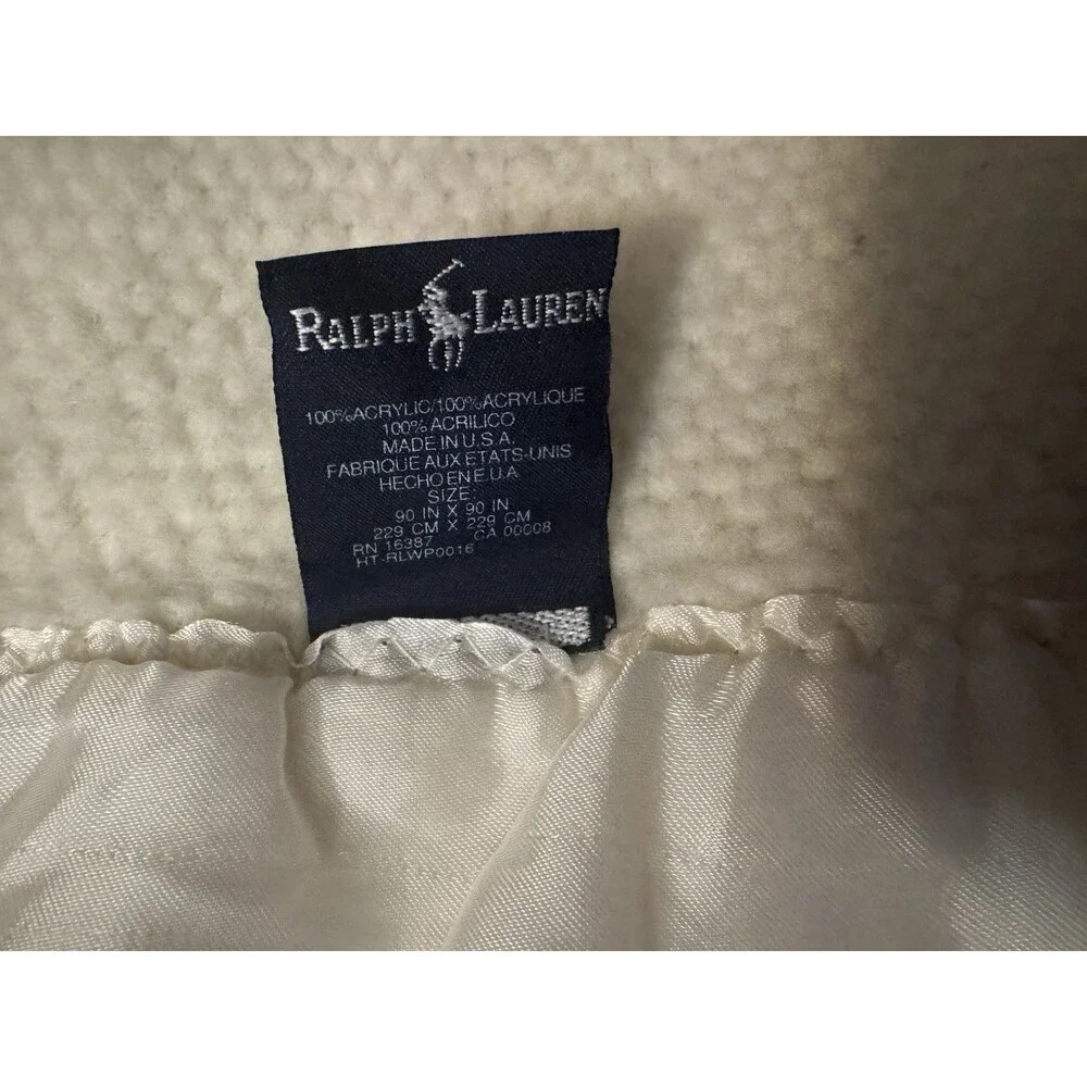 Ralph Lauren White Waffle Weave Thermal Blanket Satin Trim 90x90 Made in USA